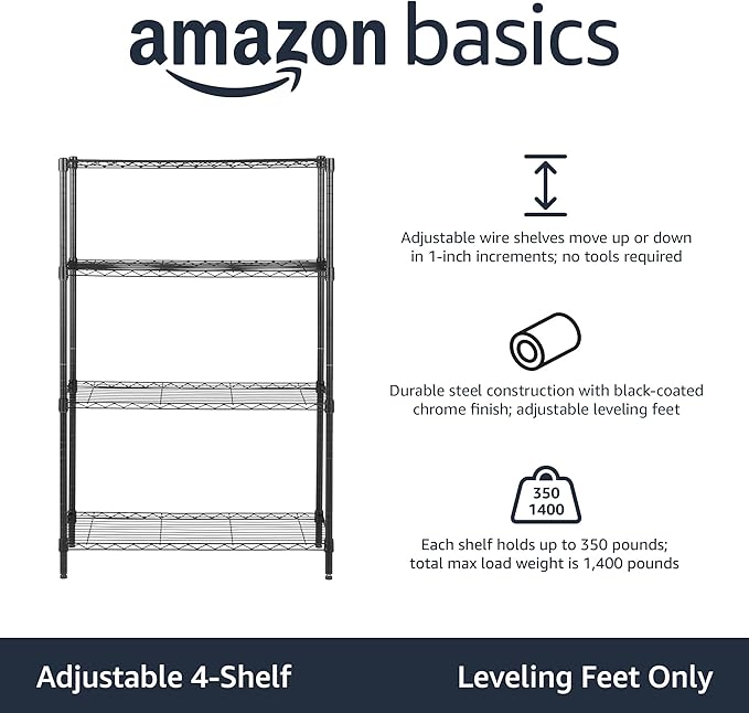 Amazon Basics 4-Shelf Adjustable Heavy Duty Steel Wire Rack Storage Shelving, Sturdy Garage Shelving, 350 lbs Capacity Per Shelf, Easy No-Tool Assembly, 36" x 14" x 54", Black | Heavy Duty, Adjustable, for Kitchen, Garage, Storage, Shelving Organizer