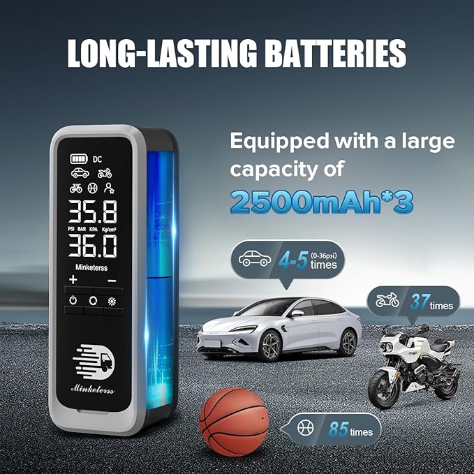 Portable Tire Inflator Air Compressor, 160 PSI Fast Inflation 34 L/Min, Cordless + 12V DC, 7500 mAh, Dual LCD Digital Gauge, Auto Shut-Off, LED Light — For Car, Motorcycle, Bicycle, Balls
