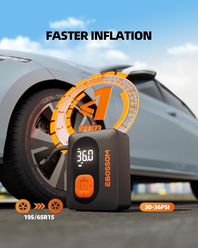 EBOSSOM Tire Inflator Portable Air Compressor Cordless Bike Pump with Digital Dual Values Display, 130 PSI Car Tires Pump with LED Lights Air Pump for Bikes, Motorcycles, Balls（15cm Car Air Hose）