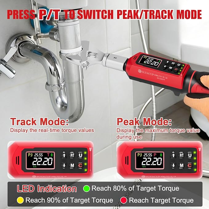 Adjustable Digital Torque Wrench 0.66-44.29Ft.Lb/0.9-60N.m,9x12 mm Open End Hvac Torque Wrench with 3/8 Drive Ratchet Head&42mm Jaw, Vibration, Buzzer,LED Notification for Split AC, Bike, Moto
