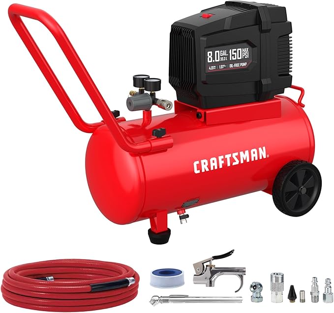 CRAFTSMAN Air Compressor 8 Gallon Oil-Free 1.8 HP Max 150 PSI Horizontal Tank with 10 PCS Accessories