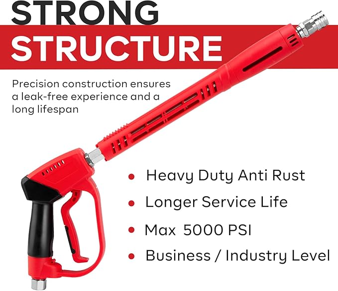High Pressure Washer Gun 5000 PSI, Power Washer Gun with Replacement Wand Extension, 5 Nozzle Tips, 1/4''Quick Connect Plug and M22-14mm & M22-15mm Fitting, 40 Inch