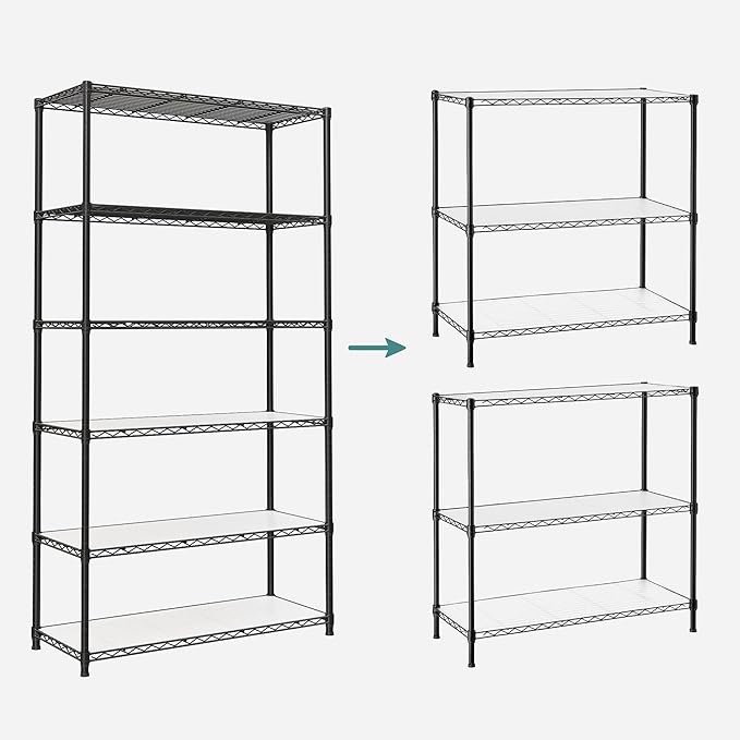 SONGMICS 6-Tier Storage Shelves, Wire Shelving Unit, Kitchen Metal Shelves, Storage Rack with Adjustable Shelves, Shelf Liners, 8 Hooks, for Garage, 13.8 x 35.4 x 69.7 Inches, Black ULGR096B01