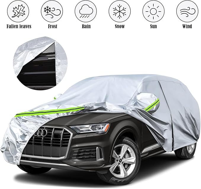 Waterproof Car Covers Replace for 2006-2025 Audi Q7/SQ7, 6 Layers Silver All Weather Custom-fit Car Cover with Zipper Door & Windproof Bands for Snow Rain Dust Hail Protection