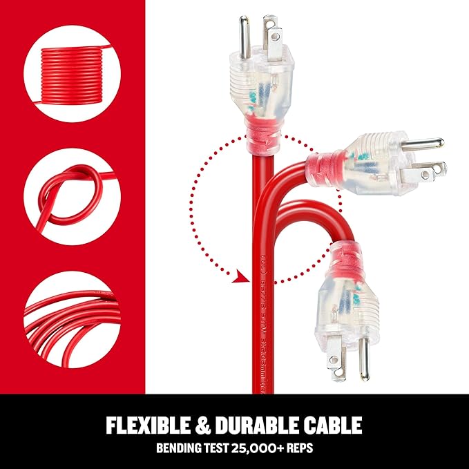 CRAFTSMAN 75 Ft. Heavy-Duty Extension Cord 14/3 SJTW, Waterproof Indoor/Outdoor Power Cable with Lighted 3-Prong Plug, 13A/1625W/125V, ETL Certified