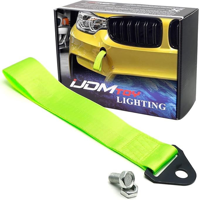 iJDMTOY Sports Lime Green Appearance Racing Style Nylon Tow Strap Universal Fit Compatible with Front or Rear Bumper