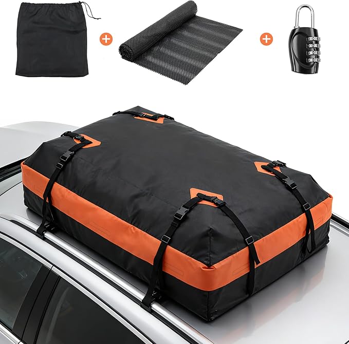 NEWBULIG Car Rooftop Cargo Carrier Bag, 15 Cubic Feet Duty Waterproof Bag for All Vehicles with/Without Racks. Includes Anti-Slip Mat, Reinforced Straps, 6 Door Hooks, Storage Bag & Luggage Lock.