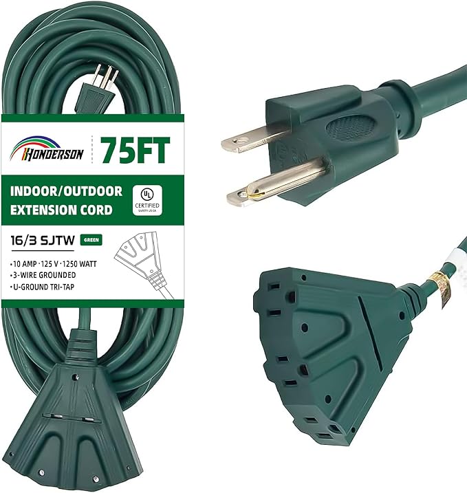 3-Outlets Indoor Outdoor Extension Cord Weatherproof, UL Certified, 16 Gauge 75FT Green 3 Prong Heavy Duty, 16/3 SJTW 10A Power Cord