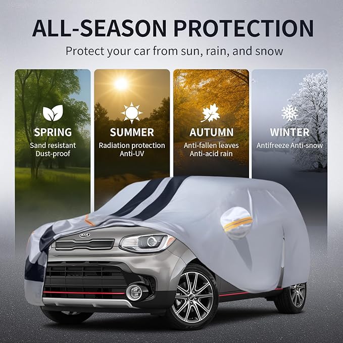 Multi-Layer Car Cover Custom Fit for Kia Soul(2009-2026), 100% Waterproof All Weather for Automobiles, Gift with Towel, Heavy Duty Car Covers for Rain Sun UV Protection with Door Zipper