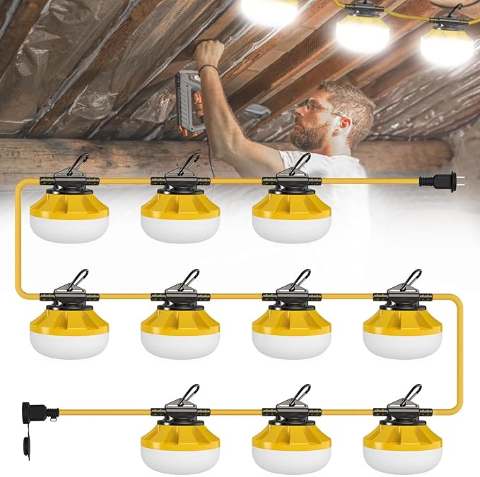100FT Construction String Lights: 100W Led Construction String Lights with 10 Bulbs & Hooks, IP65 Attic Lighting 5000K Linkable Hanging Work Light for Crawlspace, Basement, Backyard