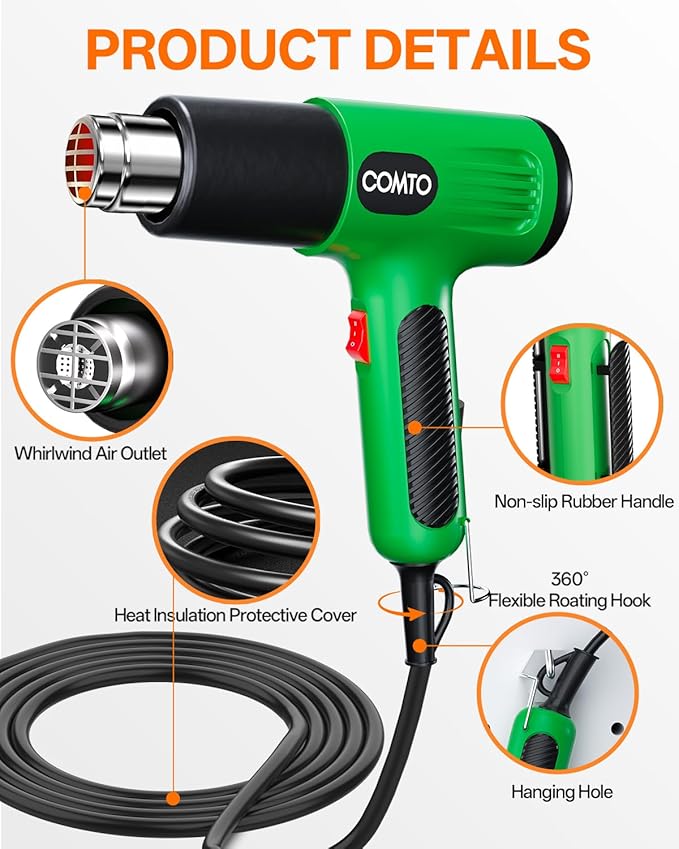 1600W Heat Gun, Hot Air Gun with 2 Temp Settings, 4 Nozzles, Overheat Protection, for Shrink Tubing, Shrink Wrap, Crafting, Resin, and DIY Projects - Green