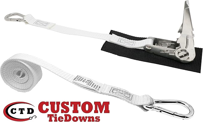 1 Inch Stainless Steel Ratchet Strap, Protective Pad Under Buckle Stainless Steel Carabiner Clip with Grommet On Each End, Fixed End Strap, Total Strap Length 8 Ft