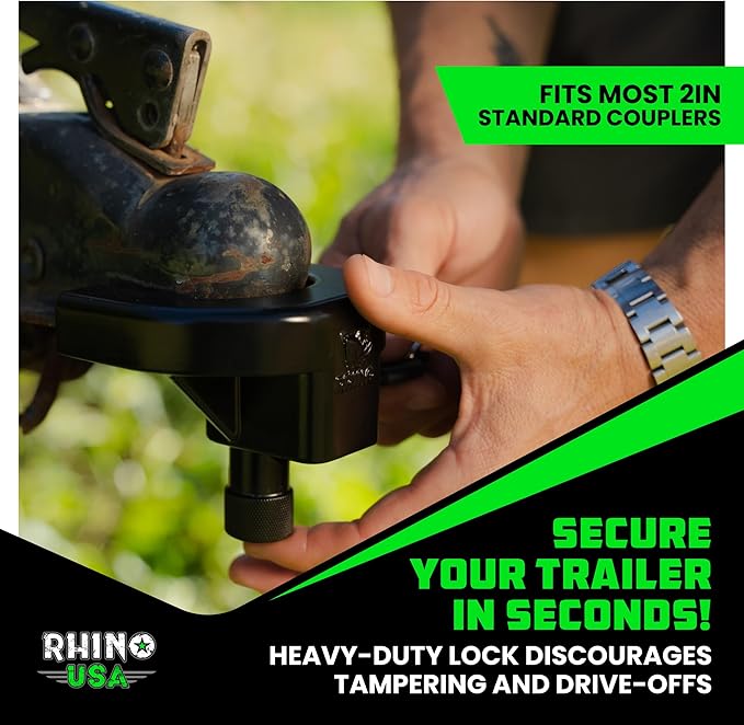 Rhino USA Trailer Hitch Lock Kit (for 2" Trailers) Heavy Duty Anti Theft Trailer Coupler Locks for RV, Camper, Trailer, Boat, Caravan - Reinforced Solid Steel Tow Lock for Trailer Tongue
