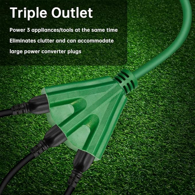 3-Outlets Indoor Outdoor Extension Cord Weatherproof, UL Certified, 16 Gauge 25FT Green 3 Prong Heavy Duty, 16/3 SJTW 13A Power Cord