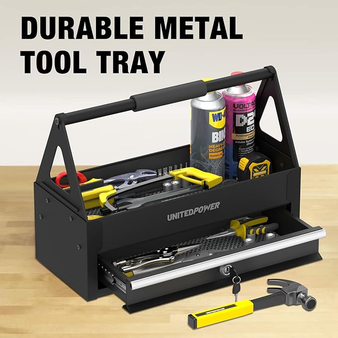 UNITEDPOWER Handy Tool Box With 1 Drawer，Portable Metal Tote Tray with comfortable grip handle, Tool Organization for Household, Warehouse, Repair Shop, Black