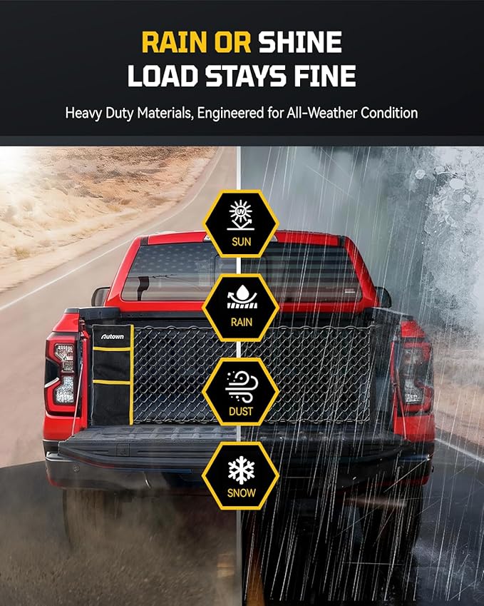 AUTOWN Truck Bed Cargo Net, Envelope Style Bed Netting for 2015+ Ford F150 & 2017+ F250/F350/F450, Pickup Truck Bed Organizer with 5mm Bungee & Integrated Storage Bag & Eyebolts & Carabiners