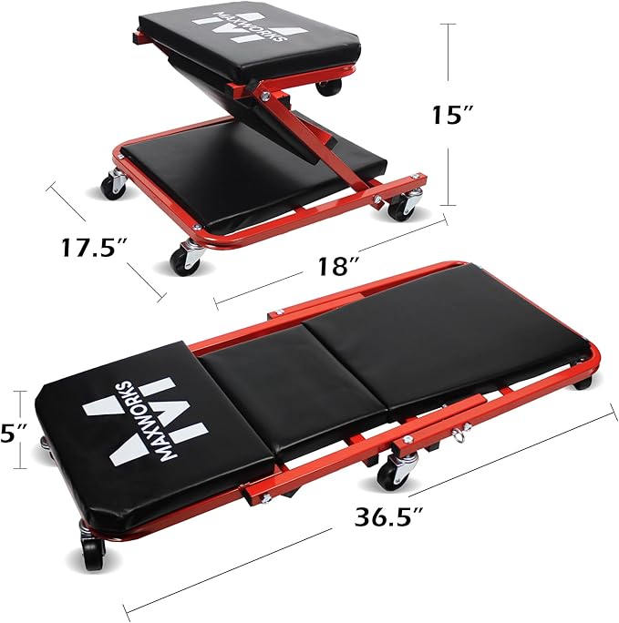 MAXWORKS 50873 2 in 1 Mechanic Creeper 36 inch Z-Creeper Seat 300 lbs Capacity Low Profile Creeper with 6 pcs Casters for Garage Shop Auto Repair