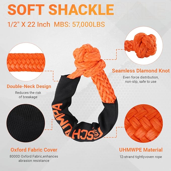 Kinetic Recovery Tow Rope, 1in x 30ft, 48000Lbs, Heavy Duty Towing Straps Kit with 1/2' X 22 Inch Soft Shackles for SUV UTV ATV Tractor Car Jeep 4x4 Offroad Vehicle