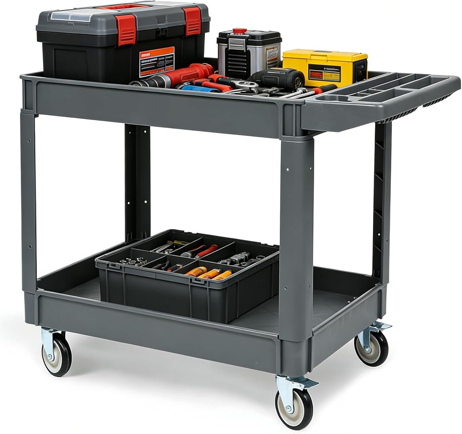 2 Tier Metal Utility Cart,330 Lbs Metal Heavy Duty Utility Cart On Wheels,2 Shelf Steel Rolling Tool Cart, Tool Storage Organizer for Mechanic, Garage, Workshop, Warehouse (Gray, 46x25x33.5)