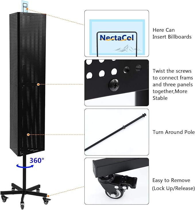 NectaCol Triangular Metal Pegboard Panels Display with Base and Pole, Black Pegboard Display Stand with Wheels, Jewelry Display Rack, Art Display Stand, Extra 20 pieces Hooks