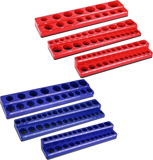Magnetic Socket Organizer Holder 6-Piece (1/4 In, 3/8 In, 1/2 In Drive Metric SAE) Magnet Socket Rail Trays Storage Set Holds 143 Sockets for Tool Box Drawer