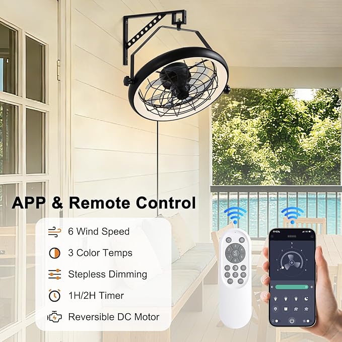 23" Wall Mount Fan with Light,3 CCT, Dimmable,Quiet 6 Speed Wall Mounted Fan with Remote/App Control, Timer, 360° Adjustable Tilt Plug in Wall Fan for Garage,Patio,Tool Room,Home