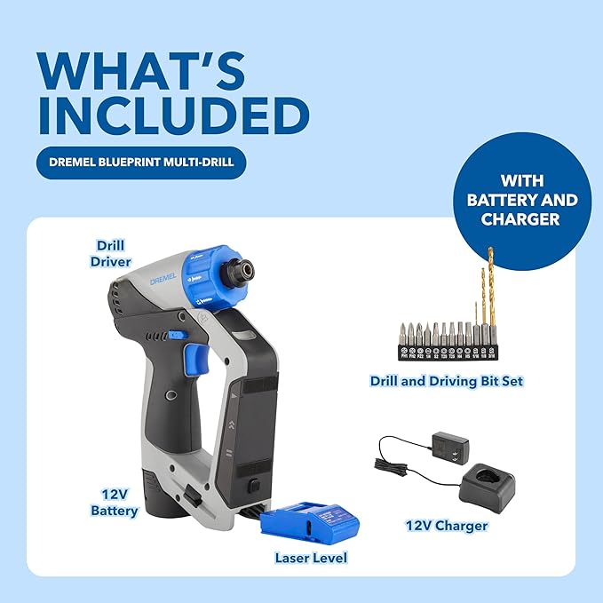 Dremel Blueprint 3in1 Drill Driver with Integrated Stud Finder and Detachable Laser Level, Cordless Drill Set Includes 2.0 Ah Battery, Fast Charger, and 12 Bits (DD12V-S1)