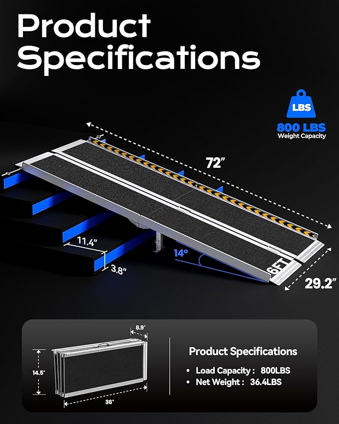 Wheelchair Ramp 6ft, Non-Skid Aluminum Folding Ramps for Wheelchairs for Home Steps, 800 LBS Capacity Handicap Wheel Chair Ramp for Doorway, Homes, Threshold, Entry, Stairs 72" Lx 29.2" Wx2H