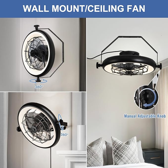 16" Wall Mounted Fan Indoor, Quiet 6 Speed Wall Mount Fan with Remote, Light and Timer, 360° Adjustable Tilt Plug in Wall Fan for Garage, Bedroom, Kitchen, Living Room, Greenhouse, Patio