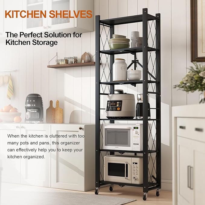 6-Tier Foldable Storage Shelves with Wheels, Folding Metal Shelf Unit, Folding Bookshelf no Assembly, Collapsible Shelves for Craft Shows for Kitchen, Bedroom, Living Room, Black