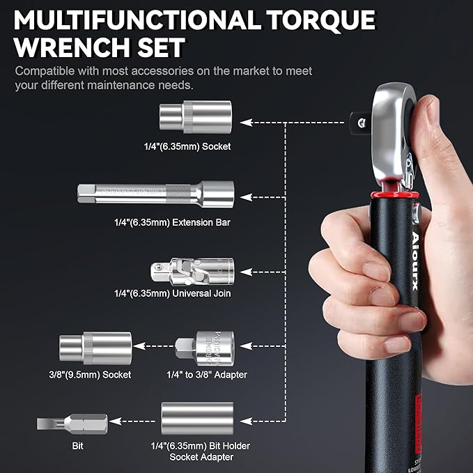 1/4" Drive Torque Wrench, 20-260 In.-Lb. Click Torque Wrench, 72 Tooth Dual-Direction Adjustable, Dual Scale, ±3% Accuracy, for Bicycle, Motorcycle, Automotive Repair and Maintenance