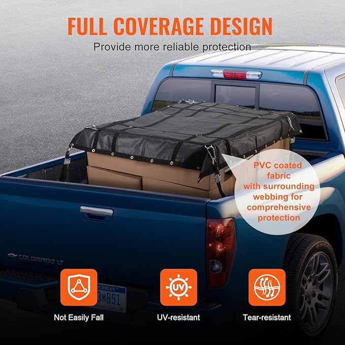 VEVOR Waterproof Cargo Net, 72 in x 57 in, Heavy Duty Truck Cargo Net-(WLL) 700lbs, 4 Adjustable Straps with Carabiners & S-Hooks, Truck Bed Cover for Trailer, Pickup, Boat, Jeep, SUV 4.75' x 6' ft