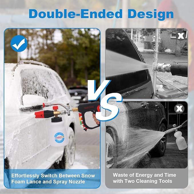 DUSICHIN Pressure Washer Short Gun Foam Cannon 1/4" Quick Connector,Car Wash Foam Gun Kit Dual Connector Accessory,Double Tip Attachment For Soap Cannon with 5 Nozzle Tips DUS2501