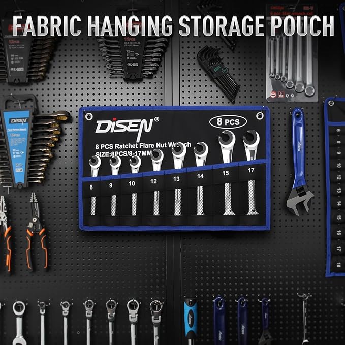DISEN 8PCS Flare Nut Wrench Set Brake Line Ratcheting Wrench Set Metric 8-17mm, CR-V Steel with Organizer Pouch, Father's Gift