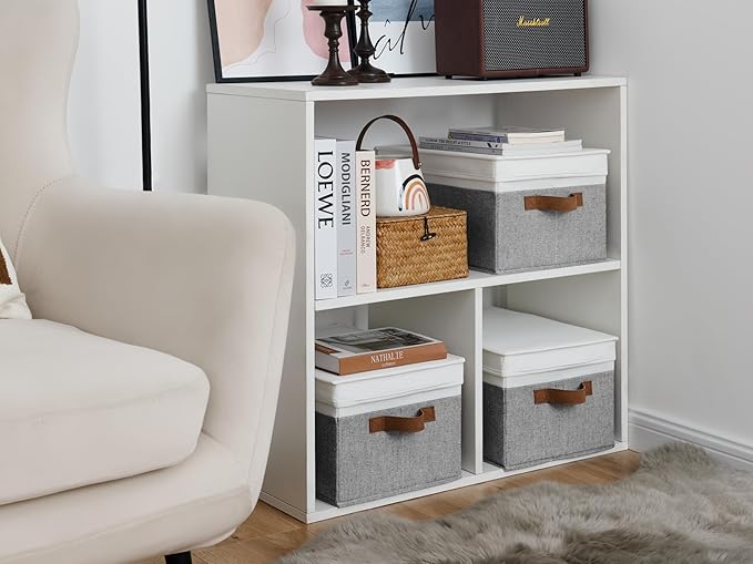 StorageWorks Decorative Storage Boxes with PU Handles, Storage Bins with Lids, Foldable Storage Baskets for Closet, Shelves, Stackable, Gray and White, 3-Pack