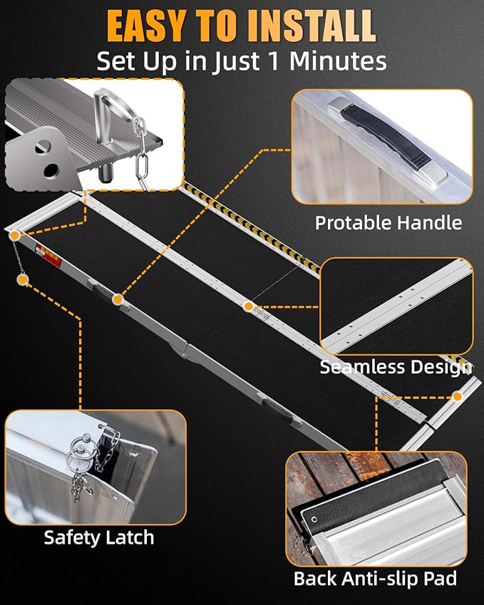 VNN Portable Wheelchair Ramp 5FT, Seamless Non-Slip Aluminum Ramps for Wheelchairs for Home, Handicap Wheelchair Ramps for Home Steps, Aluminum Loading Dock Plates, Black