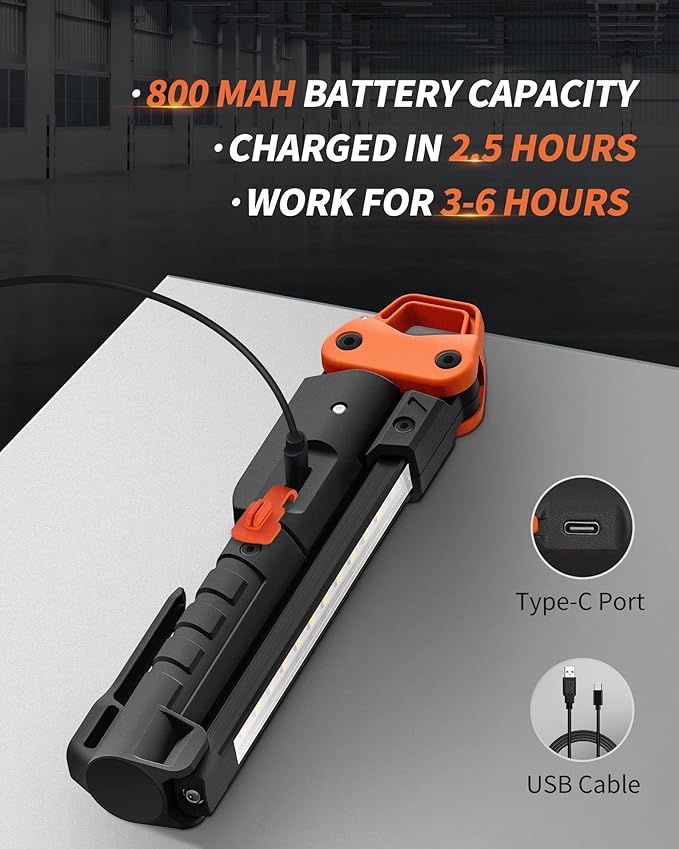Rechargeable Work Light, 400LM Mechanic Work Light, Magnetic Flashlight with 230° Rotate and Hook Led Work Lights for Car Repairing, Emergency, Grill, Outdoor work (1 Pack)
