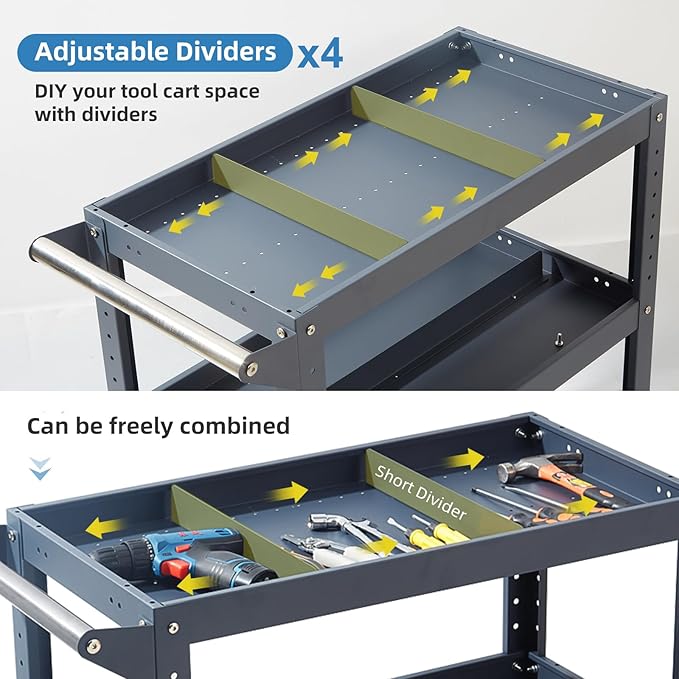 3 Tier Rolling Tool Cart, 500 lbs Capacity, 31.5"x29"x15", Mechanics Cart with 4 Dividers, Mesh Panel & Screwdriver Shelf