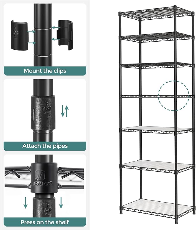 SONGMICS 7-Tier Storage Shelves, Wire Shelving Unit, Kitchen Metal Shelves, Storage Rack with Adjustable Shelves, Shelf Liners, 8 Hooks, for Garage, 13.4 x 23.2 x 70.9 Inches, Black ULGR067B01