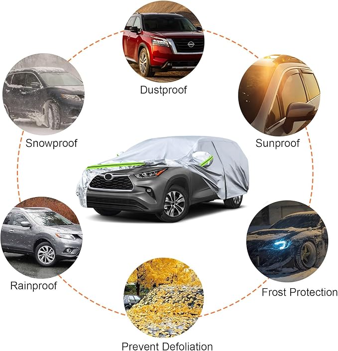 Waterproof Car Covers Replace for 2008-2025 Toyota Highlander, 6 Layers Silver All Weather Car Cover with Zipper Door & Windproof Bands for Snow Rain Dust Hail Protection