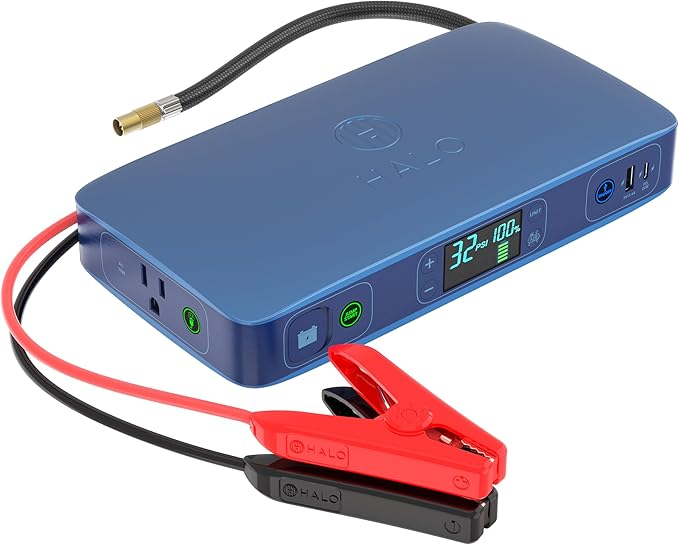 HALO Bolt Ultimate 2 Portable Car Battery Jump Starter | 130 PSI Air Compressor, 55.5Wh USB Power Bank with AC Outlet, Emergency Floodlight & Charger, Jumps Cars SUVs & Trucks, Inflates Tires — Navy