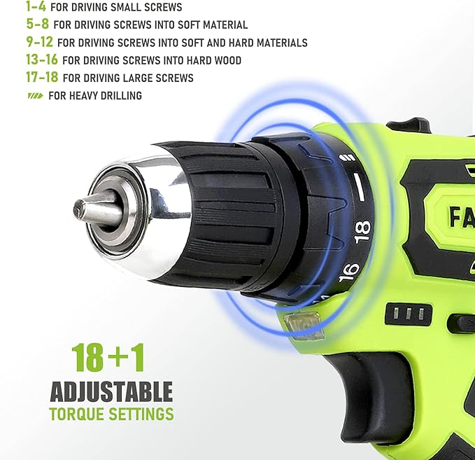 FASTPRO 20V Max Cordless Drill set, 3/8 in. Power Drill Driver kit with One 1.5 Ah Lithium-ion Batteries, Charger and Tool Bag, Green