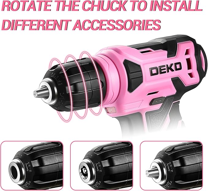 DEKOPRO 8V Cordless Drill, Drill Set with 3/8"Keyless Chuck, 42pcs Acessories, Built-in LED, Type-C Charge Cable, Pink Power Drills for Drilling and Tightening/Loosening Screws