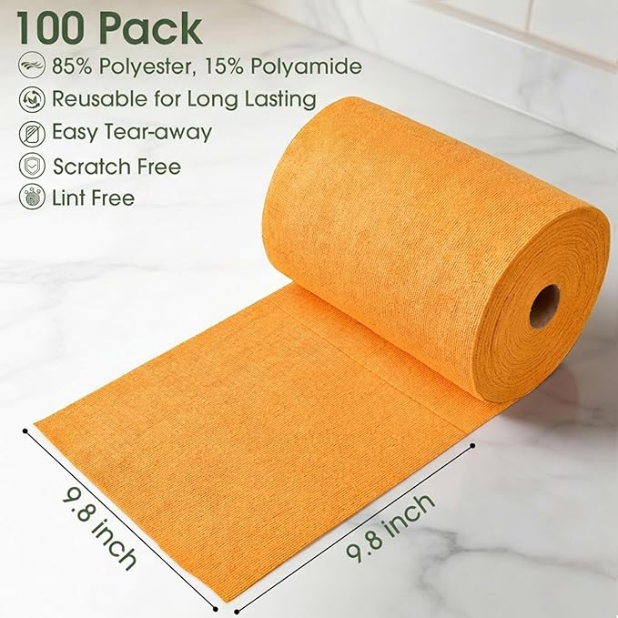 Microfiber Cleaning Cloth Roll–100 Pack, Tear Away Microfiber Towels, Reusable, Washable, Scratch-Free, Kitchen Towels for Car, Home, Kitchen, Glass, Dishes(Tangerine Yellow)