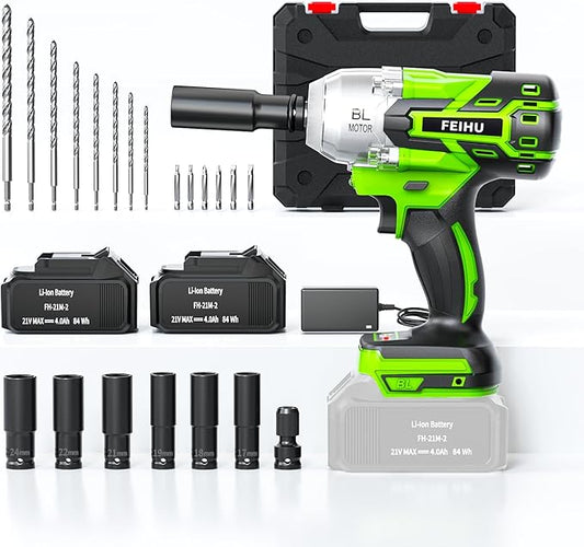 Cordless Impact Wrench 1/2inch: Brushless Impact Wrench with 21V 2 * 4.0Ah Battery, Cordless Impact Gun 600Nm, 450 Ft-lbs High Torque, Socket And Wrench Set for Automotive and DIY