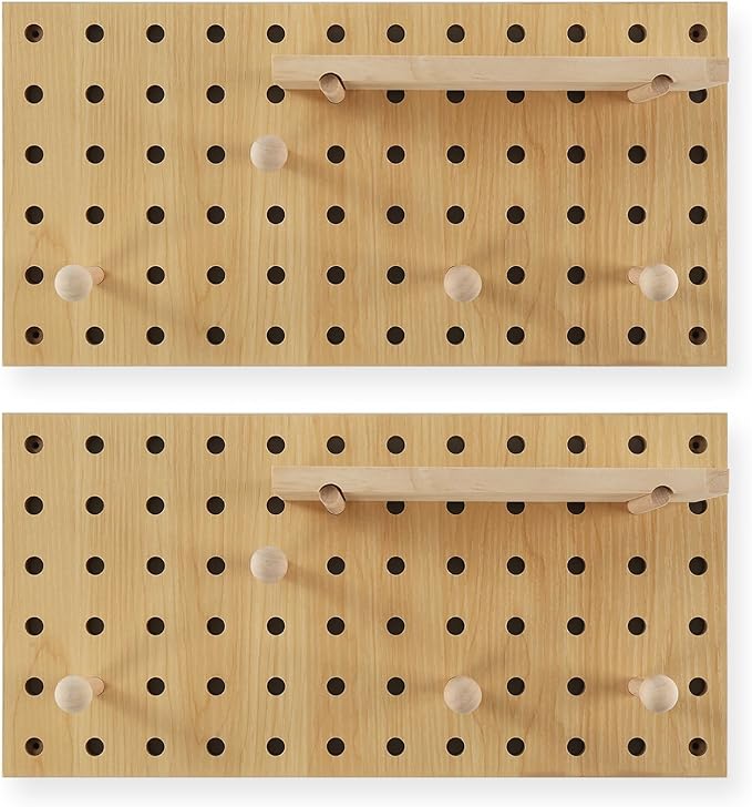 Beige Wood Pegboard Modular Display Wooden Pegboard Combination Wall Organizer Storage Wall Hooks Shelf for Home, Office, Bathroom, Comes with 2 Pieces Pegboards