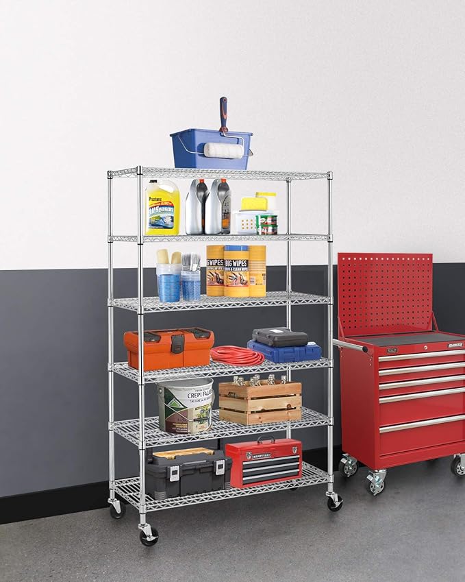 BestMassage Wire Shelving Unit Heavy Duty Garage Storage Shelves Large Metal Shelf Organizer 6-Tier Height Adjustable Commercial Grade Utility Steel Storage Rack with Wheels,18 x 48 x 72 (Chrome)