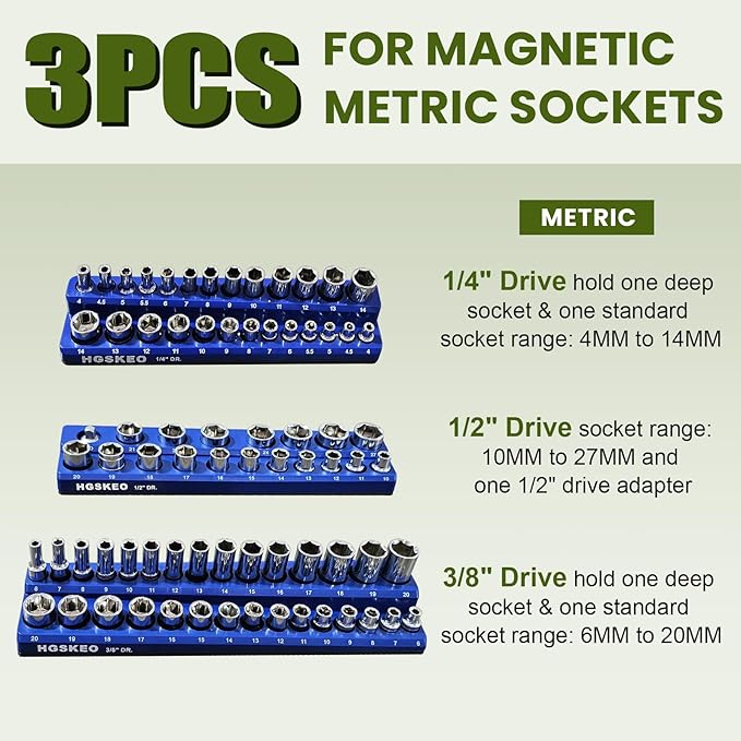 Magnetic Socket Organizer Set, 3 Pcs Blue Metric Socket Tray Set for 1/4", 3/8", and 1/2" Sizes Drive, Socket Holder Holds 75 Sockets for Tool Box
