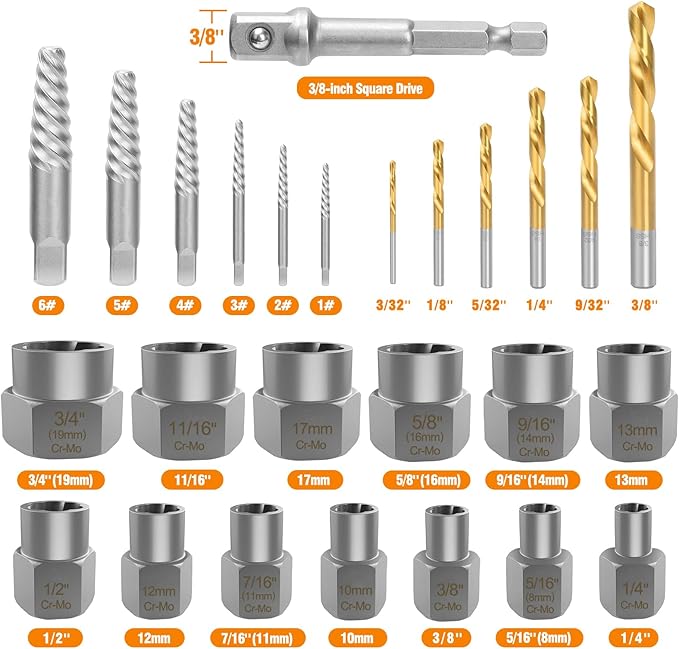 Eapele Bolt Extractor Set, Stripped Nut Remover Twist Sockets, Fit 3/8" Square Drive with Solid Storage Case(26pcs, Black)