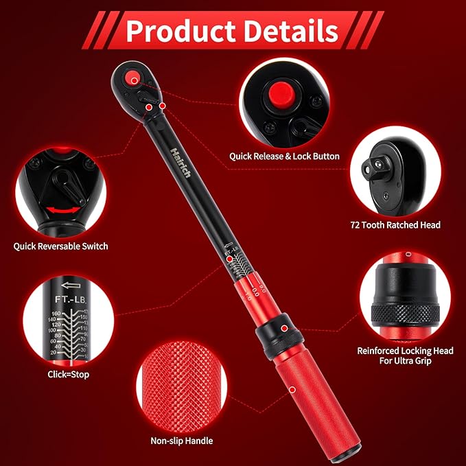 1/2 Inch Drive Click Torque Wrench, Dual-direction Torque Wrench 10-170.0ft.lb/13.60-230.5Nm, 72-tooth Torque Wrenches with Dual Range Scales, ±3% High Precision For Bike
